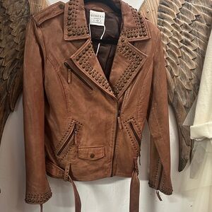 Women's Tan Studded Leather Jacket